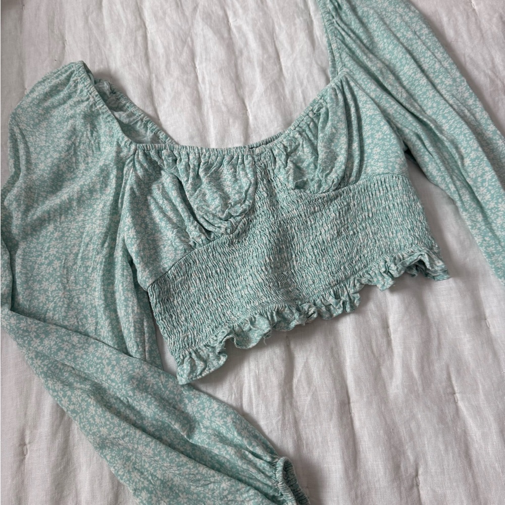 Cotton Candy Mint Floral Smocked Crop Top